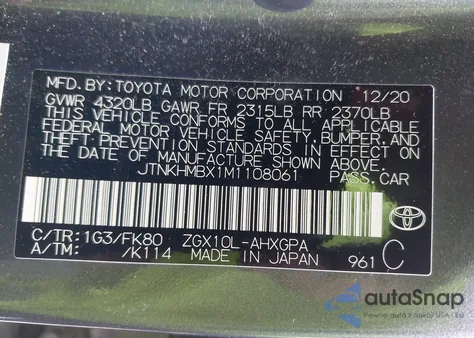 2021 Toyota C-Hr Xle z USA, uszkodzony, nr VIN JTNKHMBX1M1108061